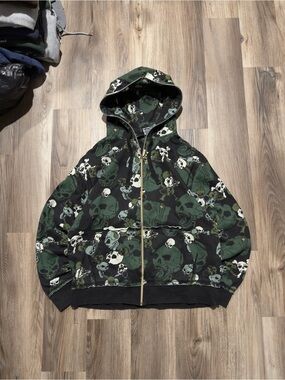 Vintage Y2K Skate Grunge Sarin AOP Skull Full Zip Up Green Hoodie • Size M